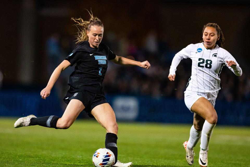 Brigham Young University midfielder Olivia Smith (2) and Michigan State defender Renee Watson (28) play during the Sweet 16 round of the NCAA College Women’s Soccer Tournament at South Field in Provo on Saturday, Nov. 18, 2023. | Megan Nielsen, Deseret News
