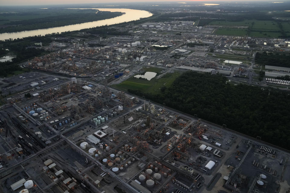 A chemical and petroleum industrial corridor, that is a known source of ethylene oxide emissions, is seen along the Mississippi River from this aerial photo, in Ascension Parish, La., Friday, June 7, 2024. (AP Photo/Gerald Herbert)