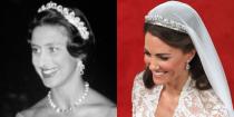 <p>This tiara was made by Cartier in 1936, and given to the Queen Mother by her husband before their wedding. The Queen Mother gifted Queen Elizabeth II the tiara on her 18th birthday, and its since been worn by Princess Margaret (left) and Kate Middleton - who famously wore it during her wedding to Prince William. The tiara is said to <a rel="nofollow noopener" href="https://www.royalcollection.org.uk/microsites/royalweddingdress/MicroObject.asp?row=4&themeid=2444&item=4" target="_blank" data-ylk="slk:feature" class="link ">feature</a> "739 brilliants and 149 baton diamonds."</p>