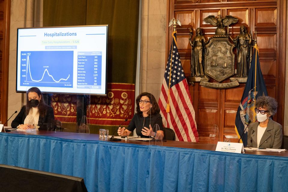 Gov. Kathy Hochul gives a COVID-19 briefing in Albany, with Division of Homeland Security and Emergency Services Commissioner Jackie Bray (at left) and Health Commissioner Dr. Mary Bassett.