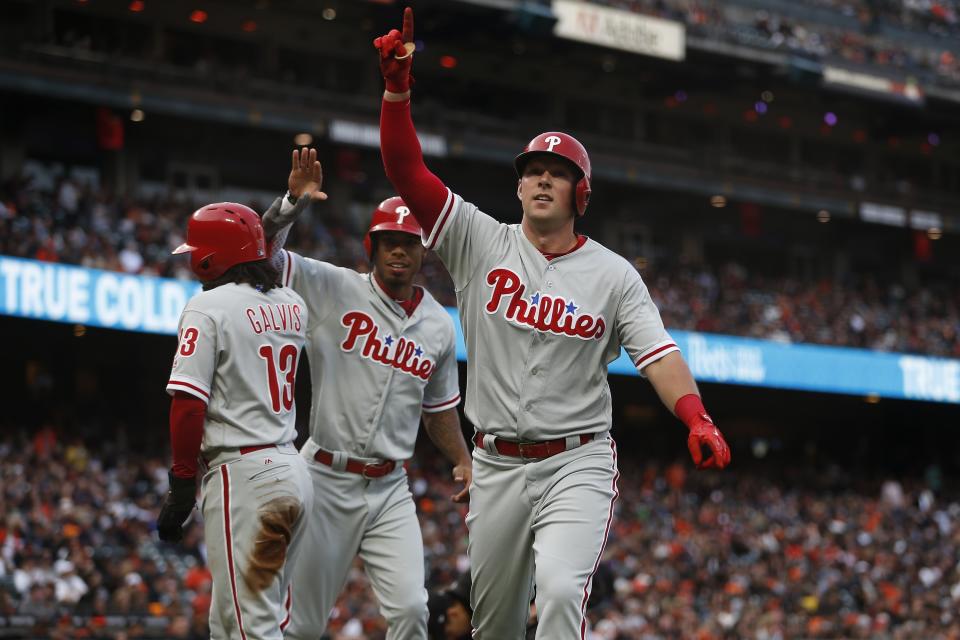 Rhys Hoskins should be owned in more fantasy leagues with the numbers he’s been posting. (Photo by Stephen Lam/Getty Images)