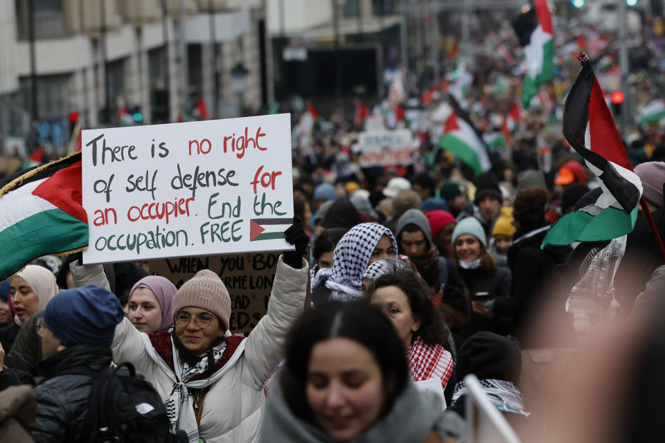 Demonstrators hold signs and wave flags during a pro-Palestinian rally in Brussels, Sunday, Jan 21, 2024. (AP Photo/Geert Vanden Wijngaert)