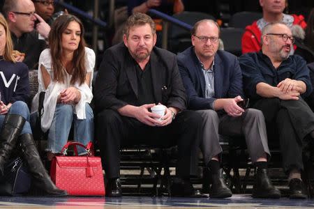 Feb 10, 2017; New York, NY, USA; New York Knicks owner James Dolan (center) in attendance during the first quarter against the Denver Nuggets at Madison Square Garden. Mandatory Credit: Brad Penner-USA TODAY Sports