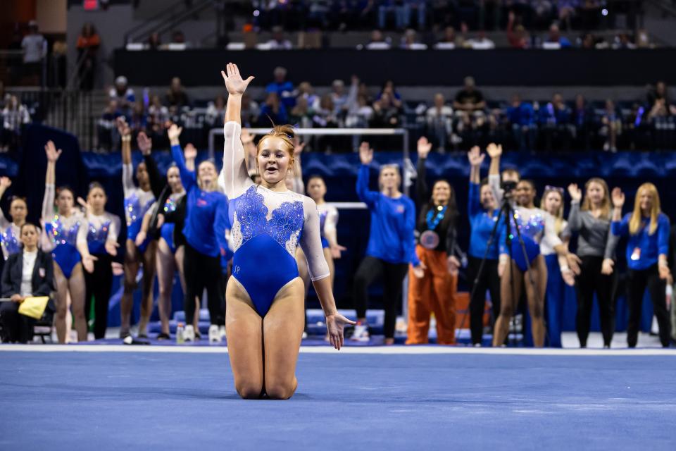 Florida Gators gymnast Kaylee Bluffstone performs on the floor against the LSU Tigers during the meet at Exactech Arena at the Stephen C. O'Connell Center in Gainesville, FL on Friday, February 23, 2024. [Matt Pendleton/Gainesville Sun]