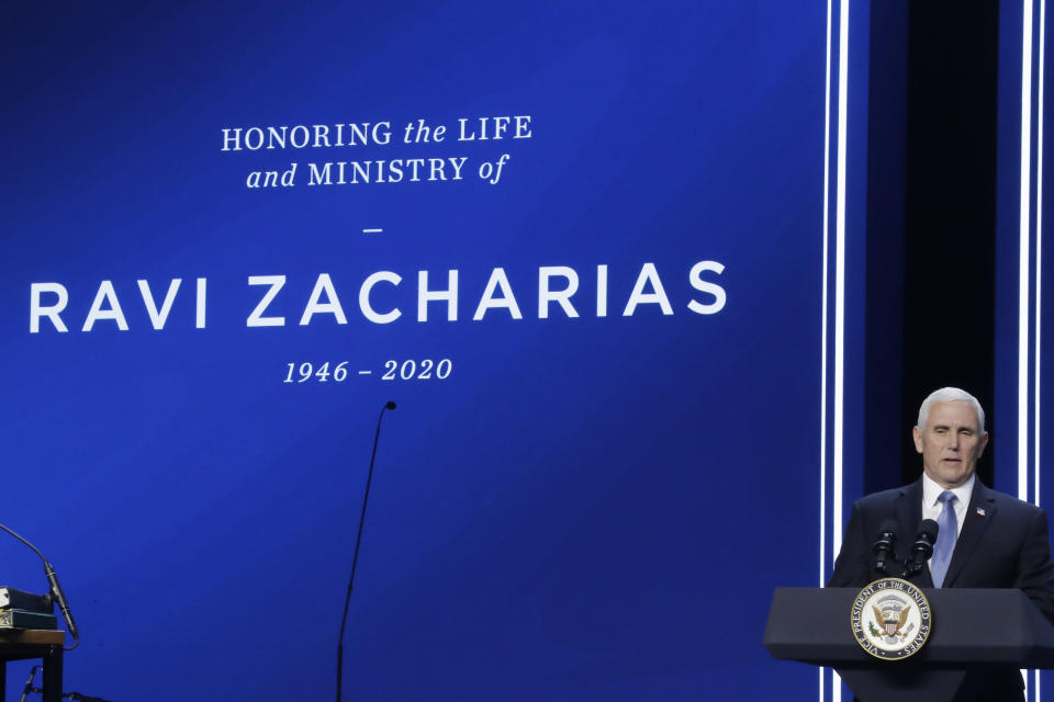 Vice President Mike Pence speaks at Passion City Church during a memorial service for Ravi Zacharias on Friday, May 29, 2020, in Atlanta. (AP Photo/Brynn Anderson)