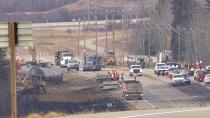 The area surrounding a train derailment in Gainford, Alta, remains closed to residents. Local officials issued an evacuation order after a CN tanker derailed early Saturday, triggering explosions and a large fire.