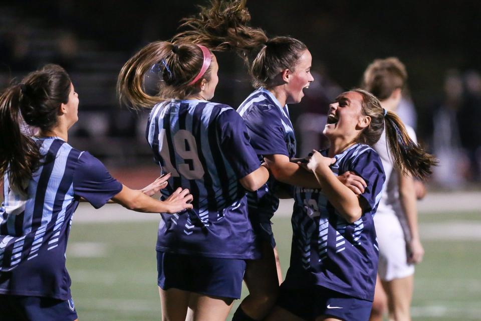 Franklin celebrates Anya Zub’s goal during the Division 1 Round of 32 soccer game against Belmont at Franklin High School on Nov. 07, 2022.