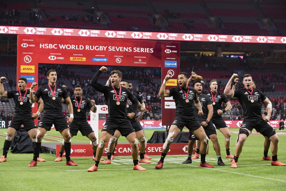 New Zealand players perform the haka after defeating Australia during the final at the Canada Sevens rugby tournament in Vancouver, British Columbia, Sunday, March 8, 2020. (Darryl Dyck/The Canadian Press via AP)