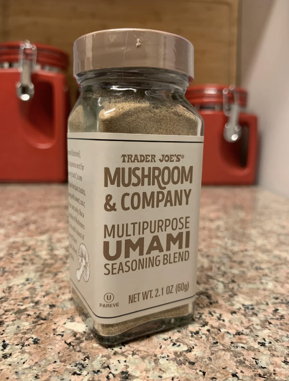 Trader Joe's Mushroom & Company Multipurpose Umami Seasoning Blend bottle on kitchen counter