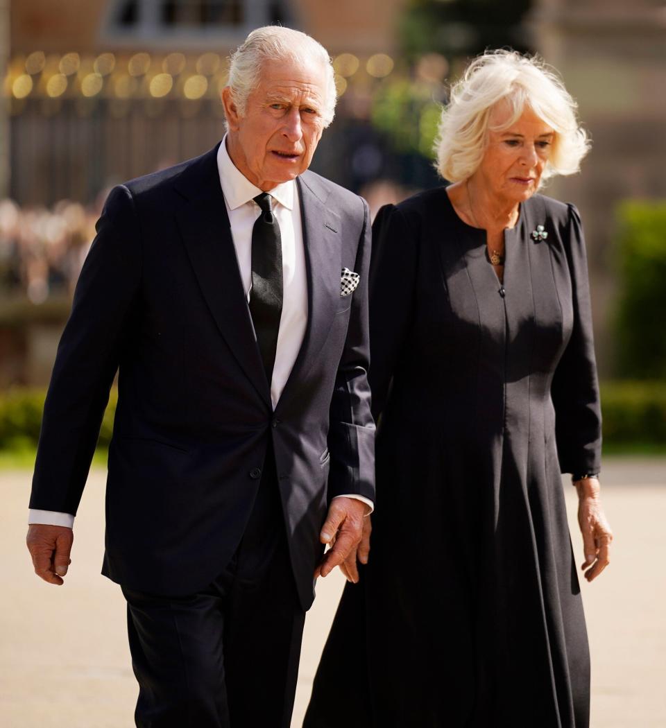 King Charles III and Camilla, Queen Consort arrive for a visit to Hillsborough Castle on September 13, 2022 in Hillsborough, United Kingdom. King Charles III is visiting Northern Ireland for the first time since ascending to the throne following the death of his mother, Queen Elizabeth II, who died at Balmoral Castle on September 8, 2022.