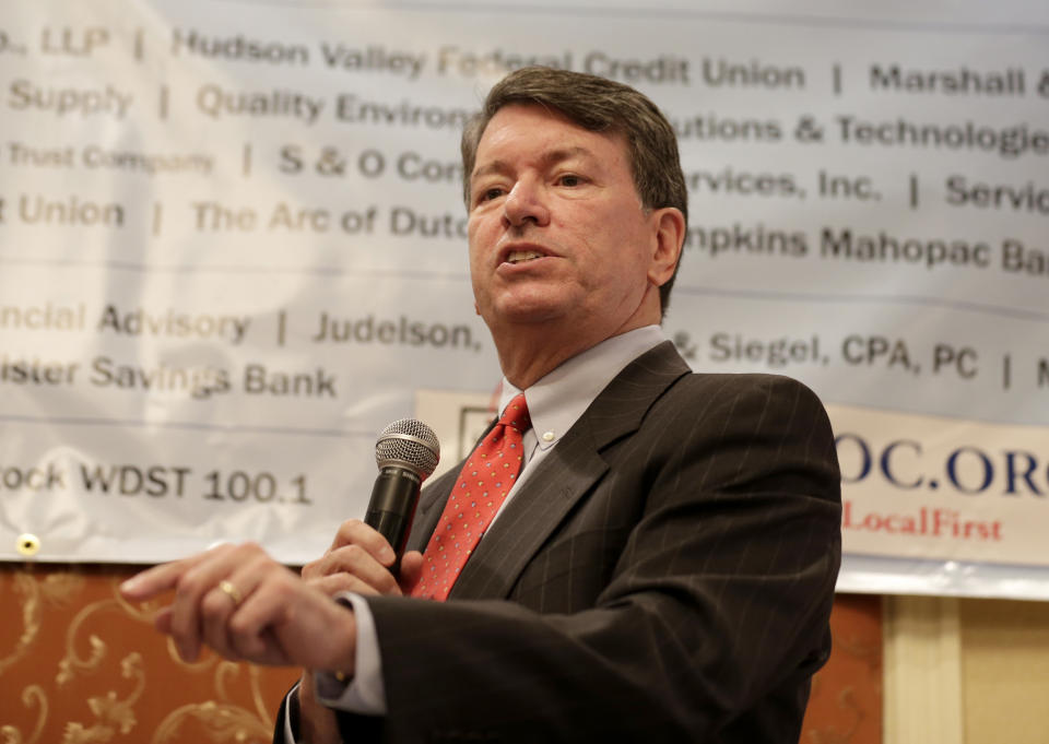 Republican U.S. Rep. John Faso speaks during a candidate forum in Poughkeepsie, N.Y., Wednesday, Oct. 17, 2018. Hip-hop, health care and Brett Kavanaugh have emerged as issues in a too-close-to-call congressional race in New York’s Hudson Valley that pits the freshman Republican congressman against a rapper-turned-corporate lawyer seeking his first political office. (AP Photo/Seth Wenig)