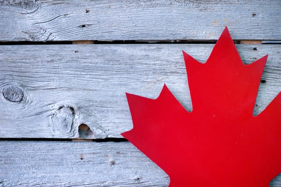 Cutout of red Canadian maple leaf on weathered picnic table.