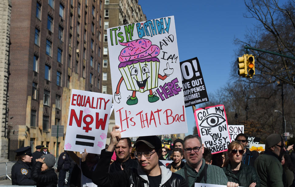 <p>Protesters march near Central Park West in New York City during a “Not My President’s Day” rally on Feb. 20, 2017, as part of a protest against President Trump. (Timothy A. Clary/AFP/Getty Images) </p>