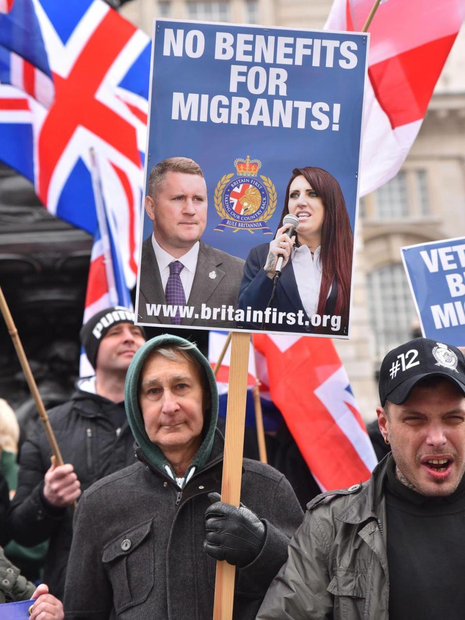 Britain First stage a small counter demo at Eros. UN Anti Racism, Refugees Welcome march and rally through central London to Trafalgar Square in 2016 (Rex Features)