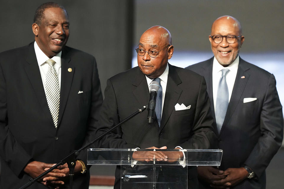 Harris County commissioner Rodney Ellis speaks while flanked by State Sen. Royce West, left, and former Dallas Mayor Ron Kirk during funeral services for former U.S. Rep. Eddie Bernice Johnson at Concord Church on Tuesday, Jan. 9, 2024, in Dallas. Johnson, a trailblazing North Texas Democrat who served 15 terms in Congress, died at age 89 on Dec. 31. (Smiley Pool/The Dallas Morning News via AP, Pool)