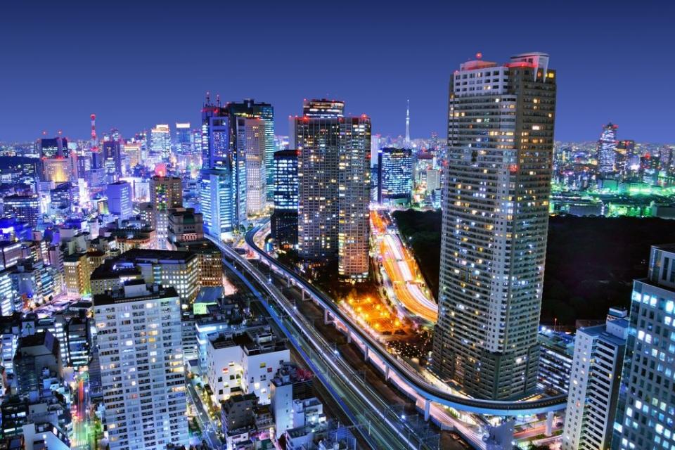 skyline at night showing Tokyo Railway and Train Network