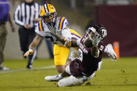 Texas A&M wide receiver Hezekiah Jones (9) tries to make a catch as LSU cornerback Derek Stingley Jr. (24) during the first half of an NCAA college football game, Saturday, Nov. 28, 2020. in College Station, Texas. (AP Photo/Sam Craft)