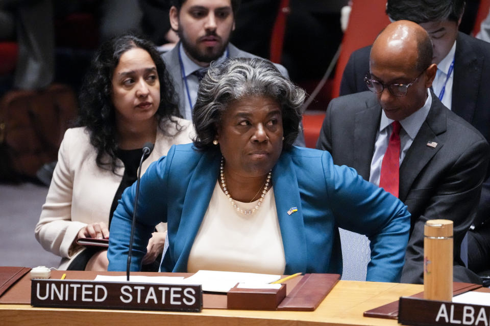 Linda Thomas-Greenfield, United States Ambassador to the United Nations, arrives during a meeting of the U.N. Security Council as Russia's foreign minister Sergey Lavrov, serving as president of the council, speaks, Monday, April 24, 2023, at United Nations headquarters. (AP Photo/John Minchillo)