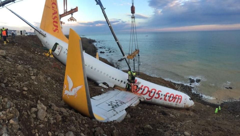 <p>A crane lifts Pegasus airplane which was stucked in mud as it skidded off the runway after landing in Trabzon Airport, Turkey early Sunday on Jan. 18, 2018. (Photo: Anadolu Agency/Getty Images) </p>