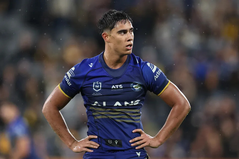 SYDNEY, AUSTRALIA - MAY 10:  Blaize Talagi of the Eelsreacts during the round 10 NRL match between Parramatta Eels and Brisbane Broncos at CommBank Stadium on May 10, 2024, in Sydney, Australia. (Photo by Brendon Thorne/Getty Images)