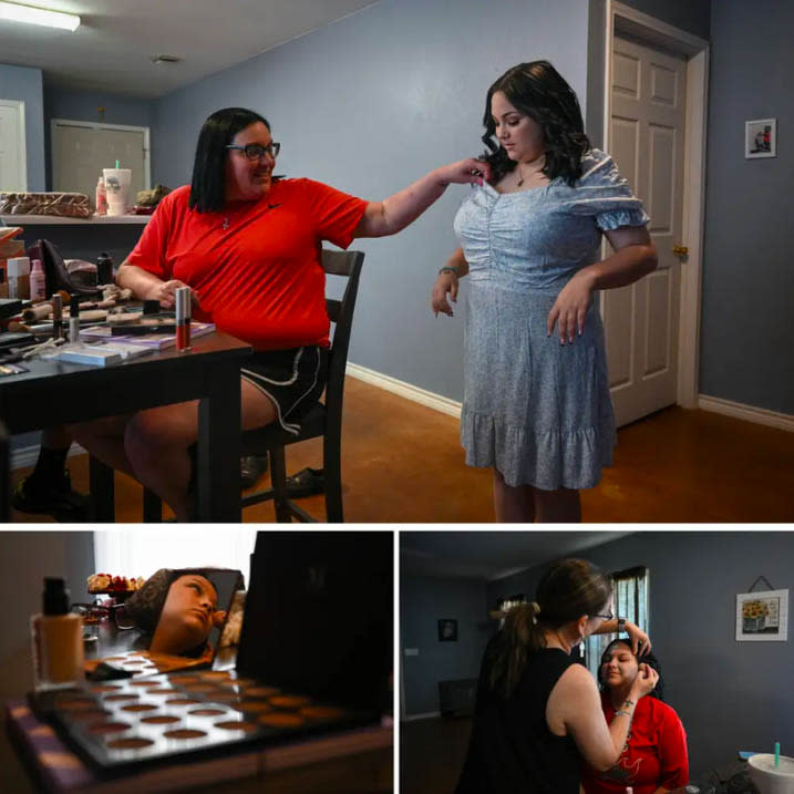 Top: Ashley Quirova reacts to her daughter Gabby’s graduation dress in Uvalde on June 24, 2022. Bottom: Mary Kathleene Sprawls tends to Gabby’s makeup for the graduation ceremony. (Kylie Cooper/The Texas Tribune)