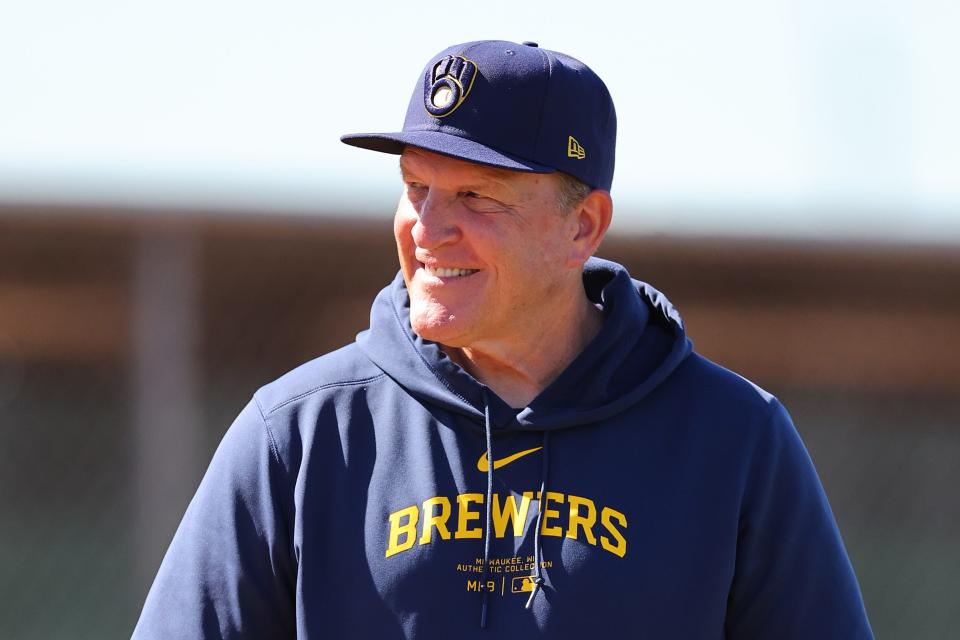 PHOENIX, ARIZONA - FEBRUARY 22: Manager Pat Murphy of the Milwaukee Brewers looks on during a spring training workout at American Family Fields of Phoenix on February 22, 2024 in Phoenix, Arizona. (Photo by Michael Reaves/Getty Images)