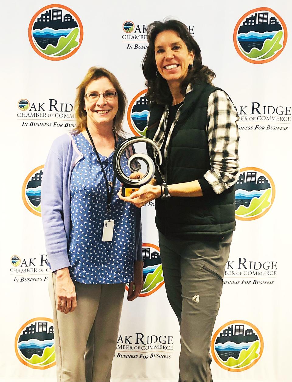 The Oak Ridge Chamber's Christine Michaels, left, with Laurel Patrick, winner of the Kerry Trammell Volunteer Of The Year Award.