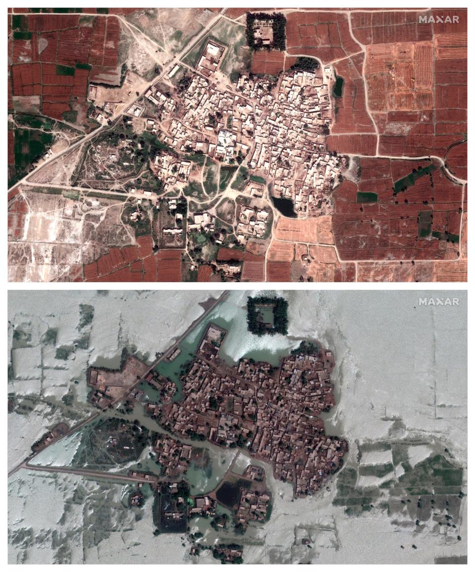 This combination of 24 March and 28 August 2022 photos provided by Maxar Technologies shows a village and fields in Rajanpur, Pakistan, in the aftermath of flooding (©2022 Maxar Technologies)