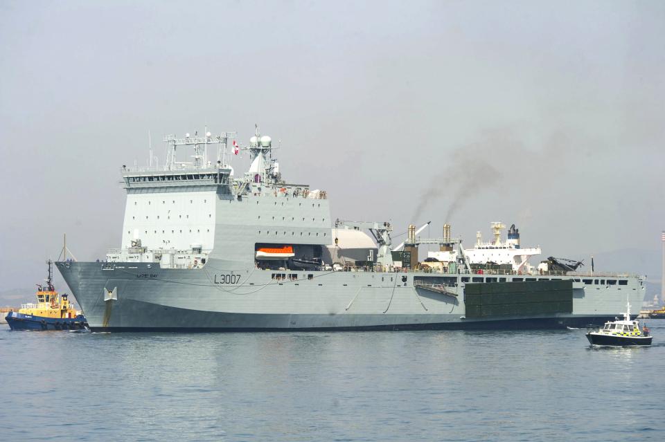 RFA Lyme Bay arrives in the port of Gibraltar on Sept. 2, 2014.