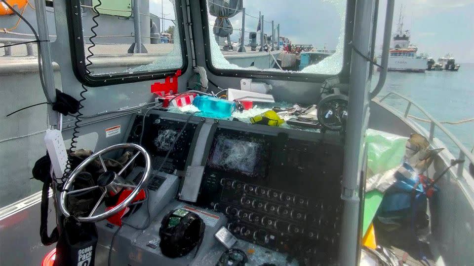 This handout photograph from the Philippine military shows destroyed windshields on a Philippine navy boat. - Armed Forces of the Philippines/AFP/Getty Images