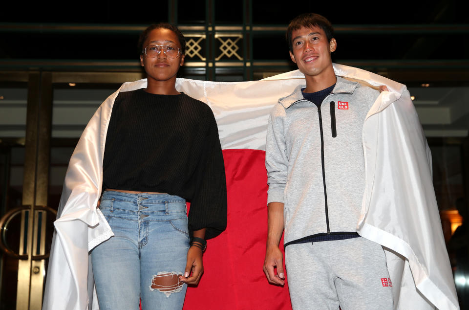 NEW YORK, NY - SEPTEMBER 05:  Men's singles semi-finalist Kei Nishikori of Japan and women's singles semi-finalist Naomi Osaka of Japan pose for a portrait outside The Kitano Hotel following their quarter-final matches on day 10 of the 2018 US Open at The Kitano Hotel on September 5, 2018 in New York City.  (Photo by Alex Pantling/Getty Images)