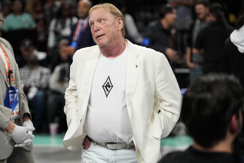 Mark Davis, owner of the Las Vegas Aces, reacts after Game 4 of a WNBA basketball final playoff series against the New York Liberty, Wednesday, Oct. 18, 2023, in New York. The Aces won 70-69. (AP Photo/Frank Franklin II)