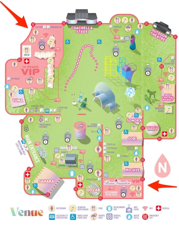 Map of Coachella 2022 venue set up with arrows pointing to the two VIP sections