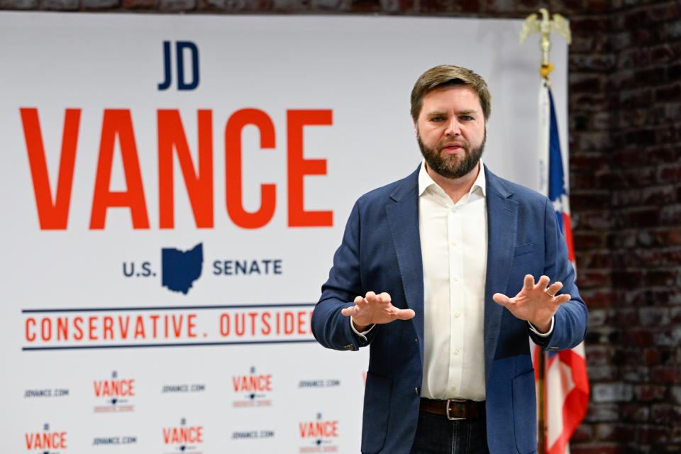 MIDDLETOWN, OH - OCTOBER 19: Republican U.S. Senate candidate JD Vance speaks with supporters in his hometown at the Butler County GOP headquarters on October 19, 2022 in Middletown, Ohio. Vance, who is endorsed by former President Donald Trump, is running against Democratic candidate Rep. Tim Ryan (D-OH) in the November election. (Photo by Gaelen Morse/Getty Images)