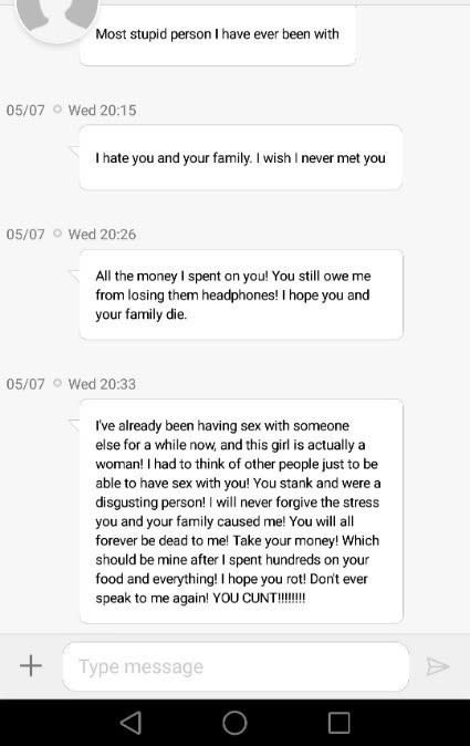 texts calling ex stupid and saying they hate ex and ex's family, and that the ex owes them money, and that they're having sex with someone new now