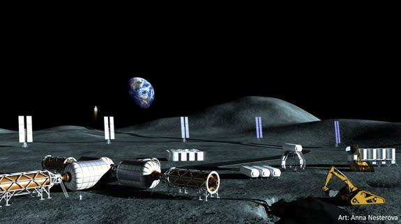 This Alliance for Space Development (ASD) illustration shows a proposed industrial base for mining water and producing propellant at a lunar pole, featuring crew habitats, robotics and industrial equipment. Image released July 20, 2015.