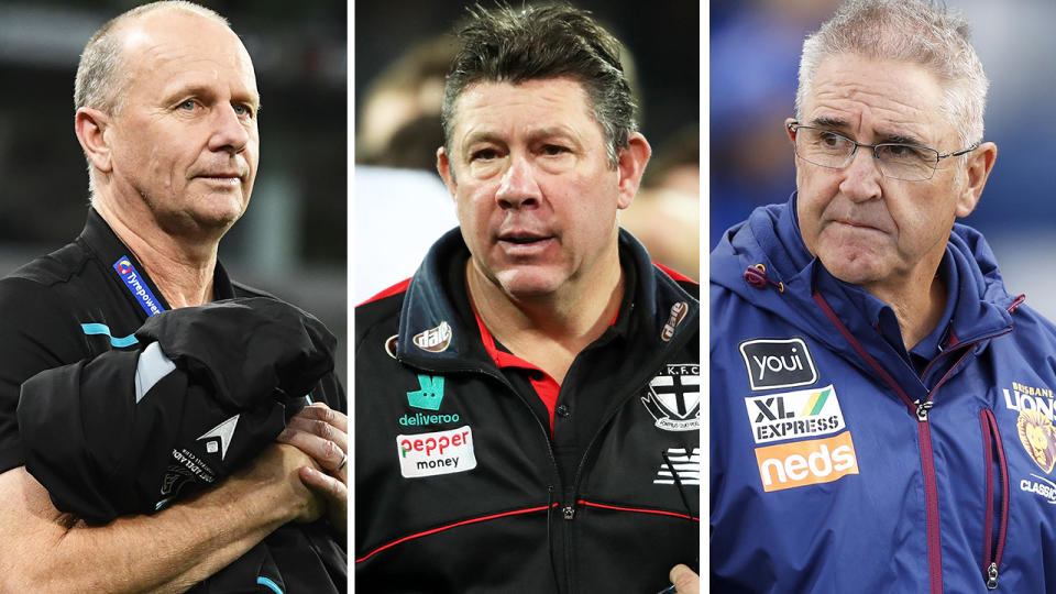 AFL coaches Ken Hinkley, Brett Ratten and Chris Fagan have all called for the AFL to consider shortening quarters amid a spate of injuries across the league. Pictures: Getty Images