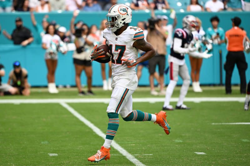 Miami Dolphins wide receiver Jaylen Waddle logged 251 catches through his first 47 games. File Photo by Larry Marano/UPI