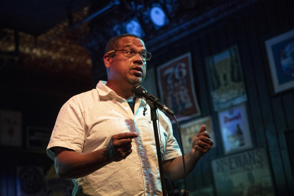 Rep. Keith Ellison speaks to supporters after winning the Democratic nomination for Attorney General during his primary party at Nomad World Pub, Tuesday, Aug. 14, 2018, in Minneapolis. (Renee Jones Schneider/Star Tribune via AP)