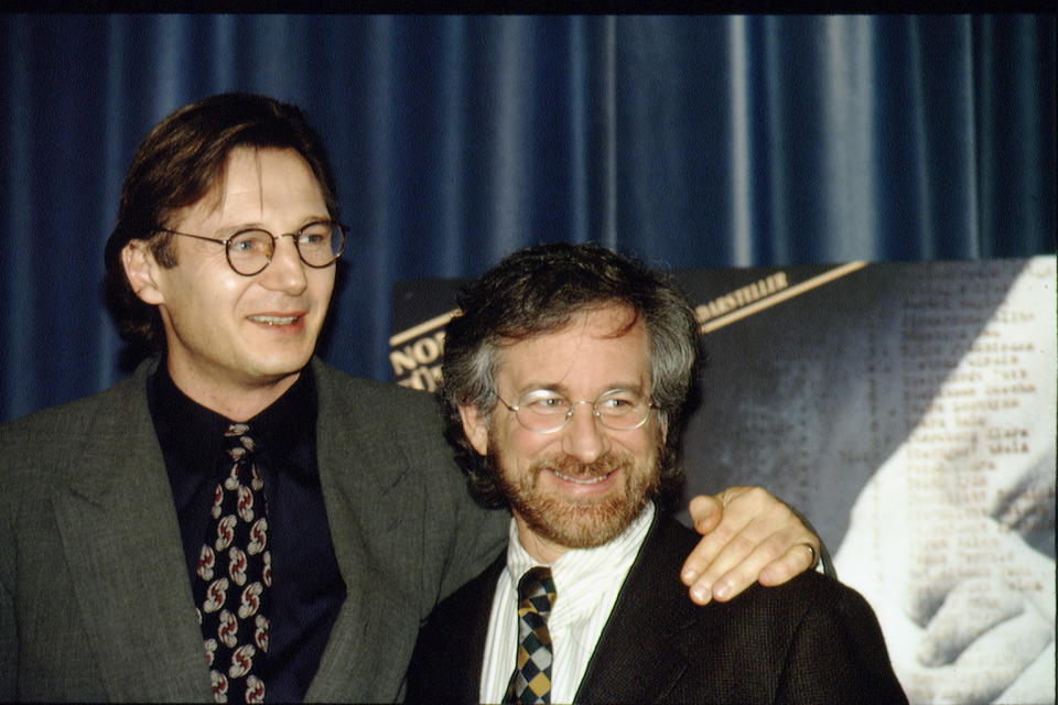 Irish Actor Liam Neeson and American Director Steven Spielberg during the premiere of 