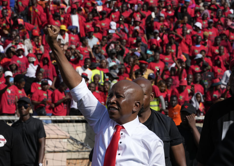 Economic Freedom Fighters (EFF) leader Julius Malema arrives at a final election rally in Polokwane, South Africa, Saturday, May 25, 2024. South African will vote in the 2024 general elections May 29. (AP Photo/Themba Hadebe)