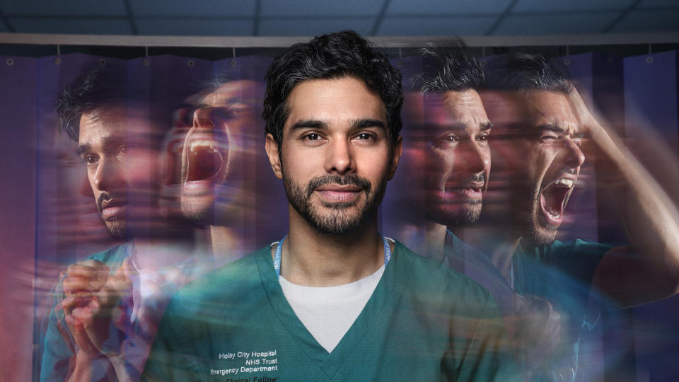 Casualty favourite Rash Masum montage showing the character experiencing different difficult emotions.