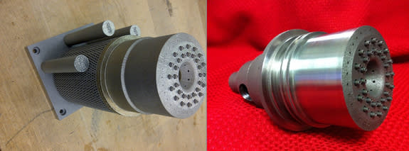 Left: 3-D printed rocket injector as it looked immediately after it was removed from the laser melting printer. Right: Injector after inspection and polishing.