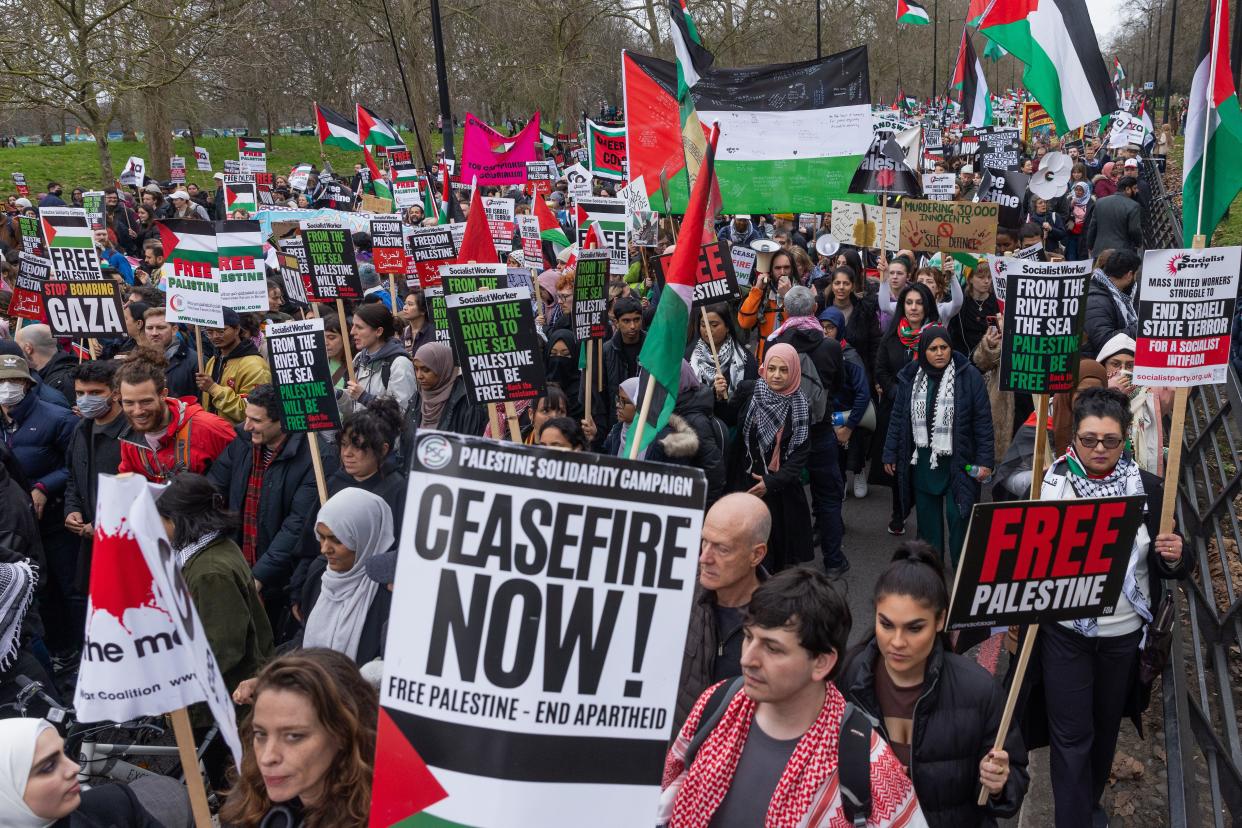 London, UK. 17th February, 2024. Tens of thousands of pro-Palestinian protesters take part in a Global Day of Action to call for an immediate and permanent ceasefire in Gaza. The protesters marched to the Israeli embassy for the first time since 7th October 2023. Credit: Mark Kerrison/Alamy Live News