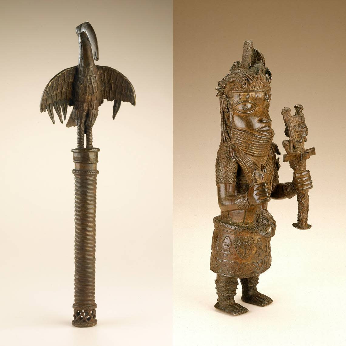 Left: A gong with a hollow spiral shaft topped with a beaked bird, its wings outstretched. Right: A figure of a king with a sword in his right hand (partially missing) and a gong in his left hand. A pendant hands on his right hip.