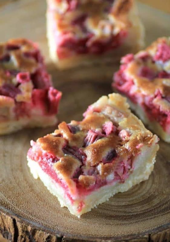 <p>Noshing With The Nolands</p><p>A luscious creamy filling surrounds sweet and tart fresh rhubarb.</p><p><strong>Get the recipe: <a href="https://noshingwiththenolands.com/rhubarb-dream-bars/" rel="nofollow noopener" target="_blank" data-ylk="slk:Rhubarb Dream Bars;elm:context_link;itc:0;sec:content-canvas" class="link ">Rhubarb Dream Bars</a></strong></p>