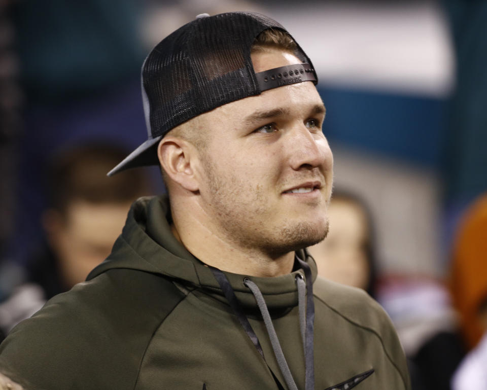 Mike Trout watches warm ups before the NFL football NFC championship game between the Philadelphia Eagles and the Minnesota Vikings Sunday, Jan. 21, 2018, in Philadelphia. (AP Photo/Patrick Semansky)