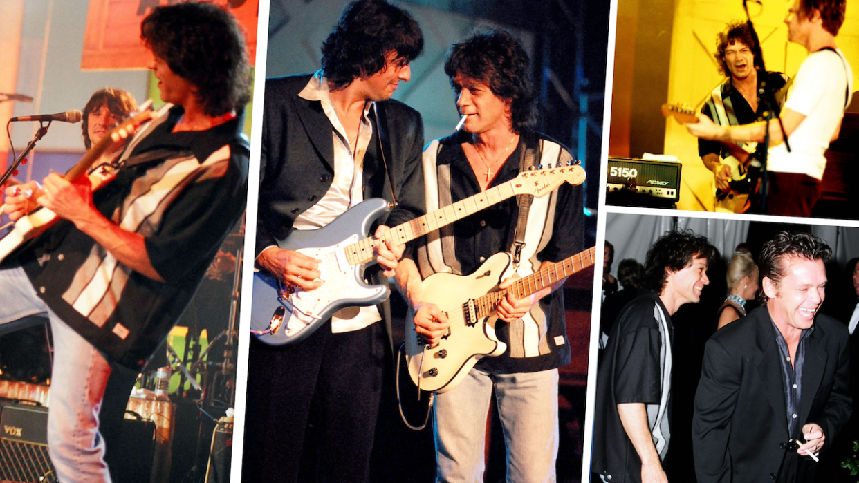  A collage of images from the 1996 City of Hope gig featuring an all-star band including Eddie Van Halen. 