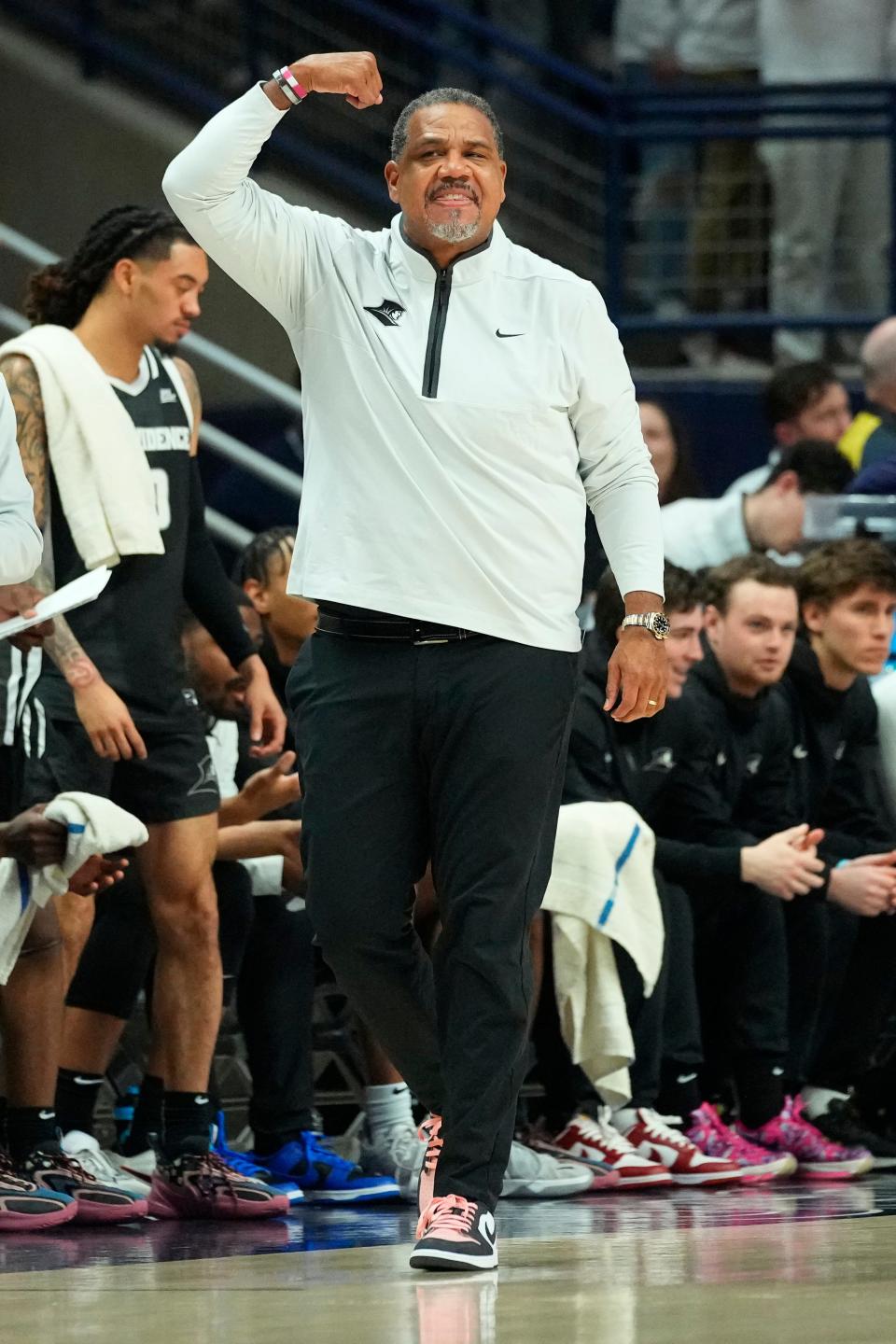 Feb 22, 2023; Storrs, Connecticut, USA; Providence Friars head coach Ed Cooley signals during the first half against the Connecticut Huskies at Harry A. Gampel Pavilion. Mandatory Credit: Gregory Fisher-USA TODAY Sports