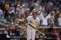 San Diego Padres' Jake Cronenworth celebrates after hitting a grand slam during the seventh inning of a baseball game against the Cincinnati Reds, Wednesday, May 1, 2024, in San Diego. (AP Photo/Gregory Bull)